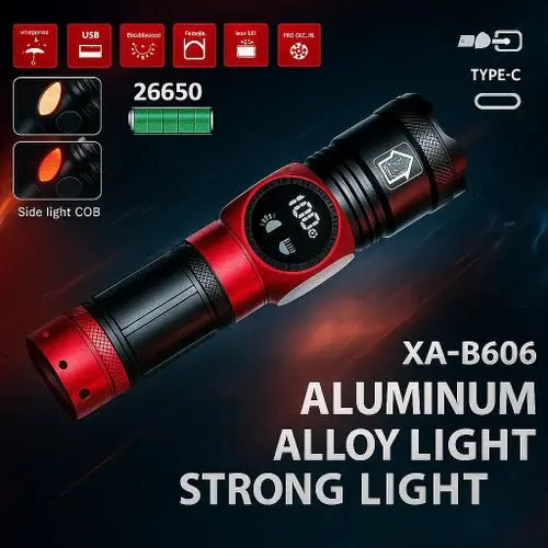 [XA-B606] 4307- كشاف محمول معدني قوي XA-B606، قابل لإعادة الشحن عبر Type-C، مع شاشة رقمية